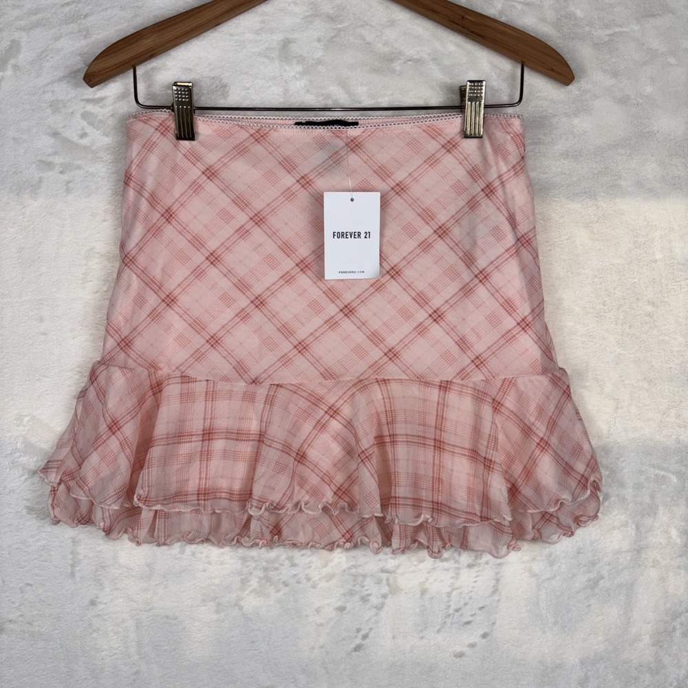 Forever‎ 21 Pink Plaid Mini Skirt M Ruffle Hem Stretchy Coquette Schoolgirl Sexy